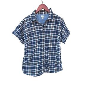 LL Bean Day breeze Shirt Womens M Short Sleeve Button Up Flannel Pocket Plaid